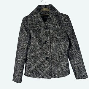 Talbots Wool‎ Blend Black White Silver Wide Collar Large Button Front Blazer 8